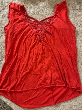 French Laundry Red Embroidered V-Neck Cap Sleeve Blouse